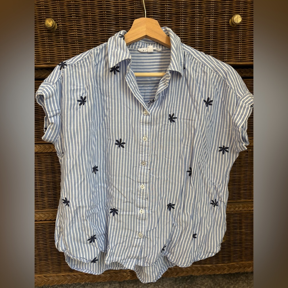 Blue and White Striped Blouse with Star Accents